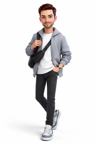 A full-body 3D stylized cartoon boy, Pixar/Disney-inspired character design