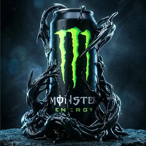 Cinematic ultra-high-end product photography of an official Monster Energy