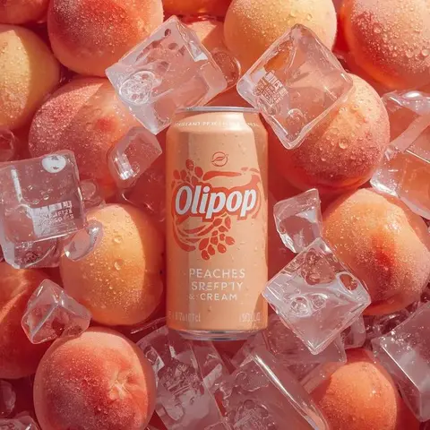 Ultra-realistic commercial product photography of a pastel peach-colored soda
