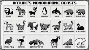 16-bit pixel art poster of black-and-white animals