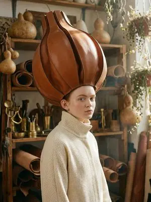 Avant-Garde Fashion Portrait with Leather Headpiece (JSON)