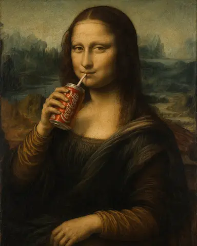 蒙娜丽莎畅饮可乐的趣味油画