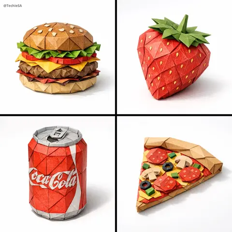 A hyper-detailed origami [FOOD ITEM] folded from realistic colored