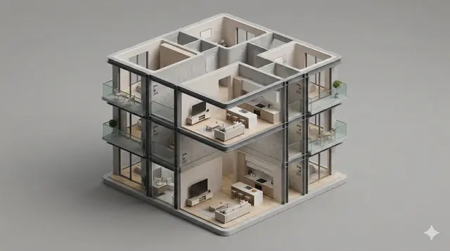 A clean, minimal 3D isometric diorama of a [BUILDING