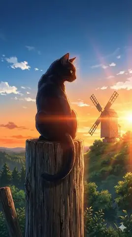 Black Cat on Wooden Post Scene