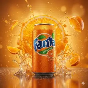 Hyper-realistic cinematic product shot of Fanta Orange can with exploding orange slices