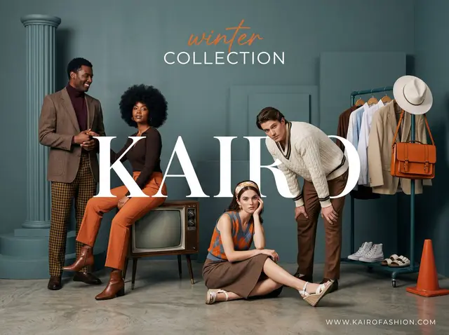 A wide-angle, studio fashion advertisement with a sophisticated retro-modern
