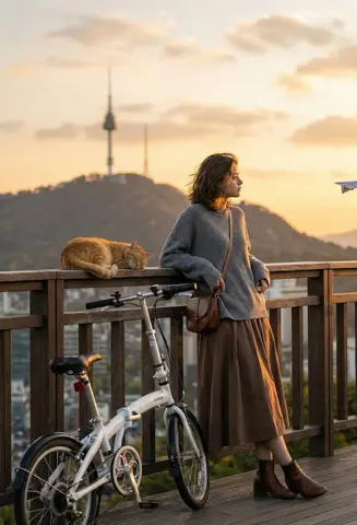 A cinematic golden-hour photograph of a young woman standing