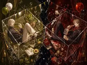 Dual-Themed Anime Boys in Crystal Boxes