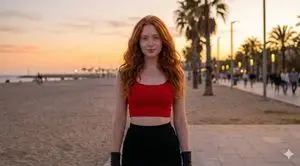 Cinematic Fashion Portrait of a Young Woman at Sunset Beach