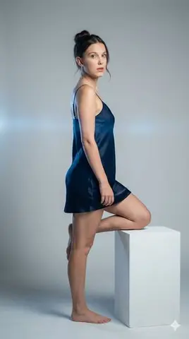 Navy Blue Satin Dress Studio Portrait