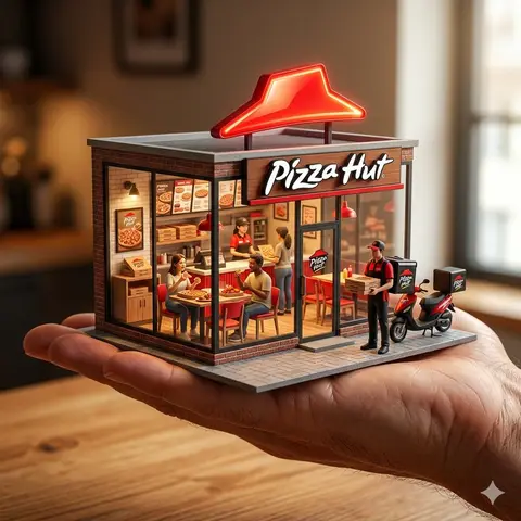 An ultra-realistic miniature [YOUR BRAND] showroom balanced on a
