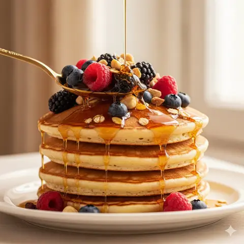 Ultra-luxury food commercial of a stack of thick, fluffy