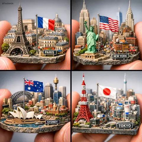 Extreme close-up macro of miniature city diorama [CITY, COUNTRY]