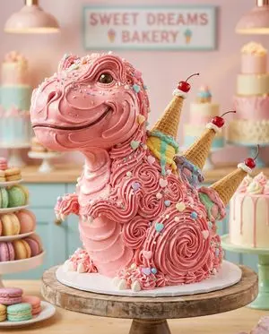 Whimsical T-Rex Made of Pink Frosting