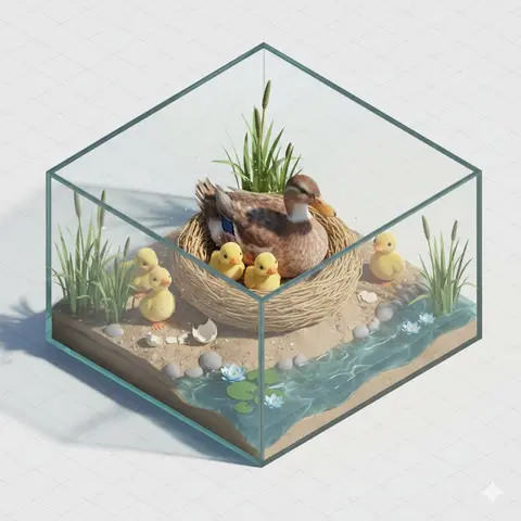 Isometric miniature nature diorama showing a mother [PARROT] feeding