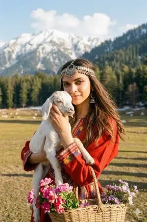 Cinematic Portrait of Kashmiri Woman with Baby Goat