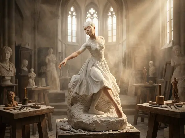 A half-finished marble sculpture in a dusty Renaissance workshop