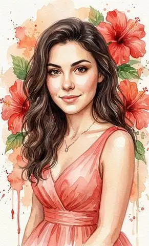 Watercolor Portrait with Hibiscus Prompt