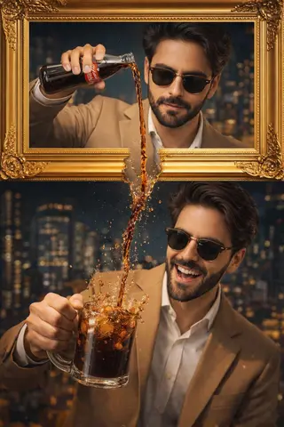 A stylish man wearing a tan suit and sunglasses