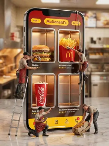 Ultra-realistic creative advertising scene showing a giant smartphone displaying