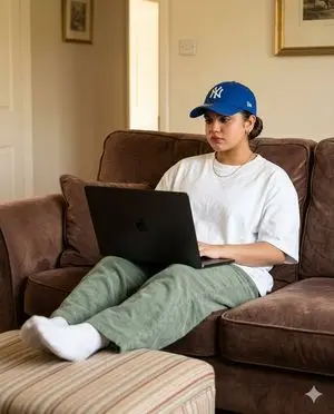 Cozy English Cottage Interior with Laptop