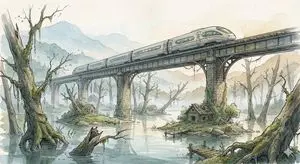 Fantasy Watercolor Illustration of an Elevated Rail Bridge over Flooded Forest