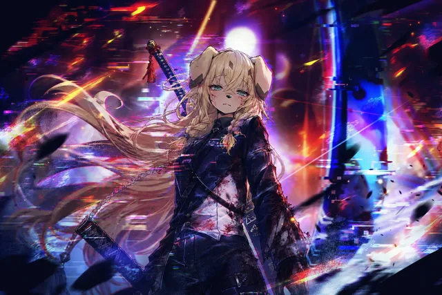 YouTube Thumbnail - Cyberpunk Dog-Eared Swordswoman