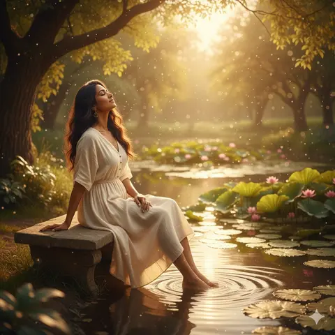 unfolds beside a tranquil pond, where gentle ripples catch