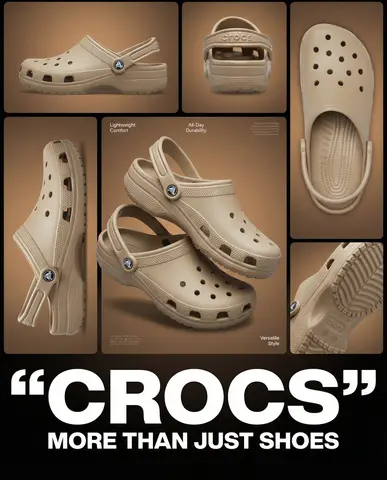 Multi-image product collage poster featuring beige/tan Crocs clog shoes