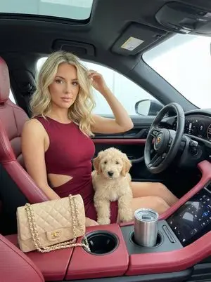 Luxury Car Portrait with Puppy Companion (Red Dress)