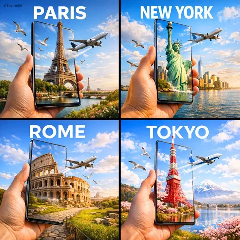 A hyper-realistic travel advertisement in square format (1080x1080), featuring