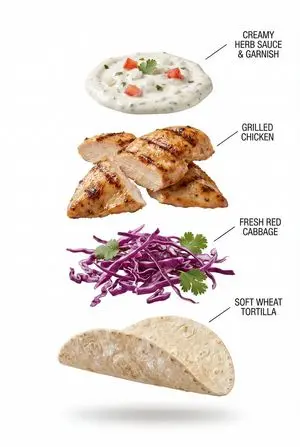 Exploded View Grilled Chicken Taco Product Photography