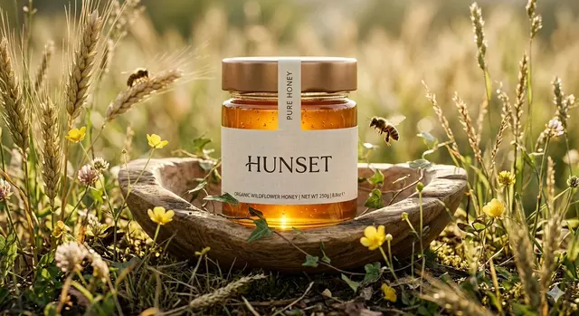 Ultra-realistic cinematic product shot of a premium honey jar