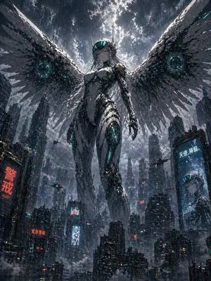 Cyberpunk Machine Angel Over Megacity