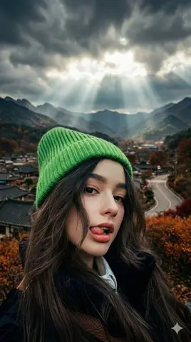 Cinematic Close-up of Woman with Neon Beanie