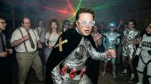 1980s underground nerd techno party flash photo prompt