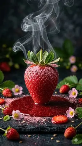 Cinematic Macro Photograph of a Strawberry in Syrup