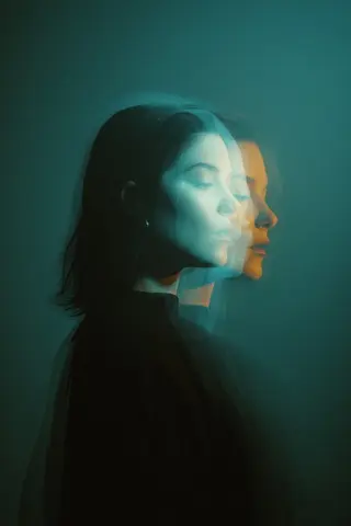 Cinematic double exposure portrait of a woman in side