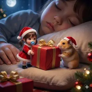 Tiny Santa Placing Present Prompt