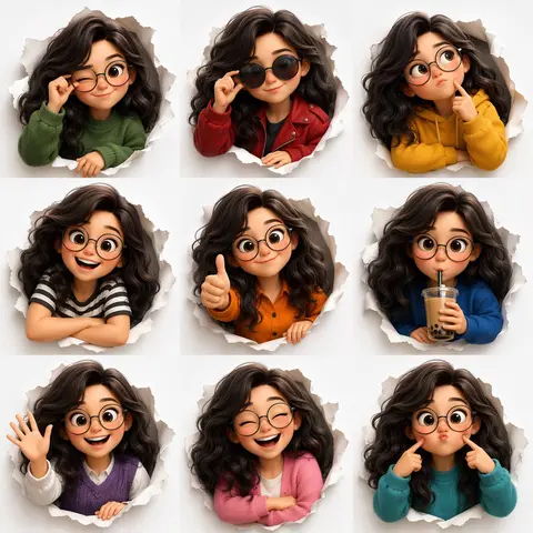 3D Pixar-style expression sheet, cute stylized avatar with wavy