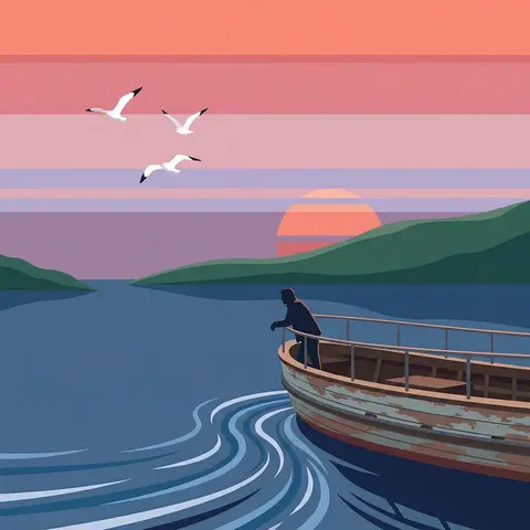 Fishing Boat Sunset Illustration