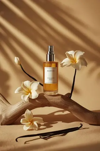 Ultra-cinematic luxury skincare product photography of a translucent amber