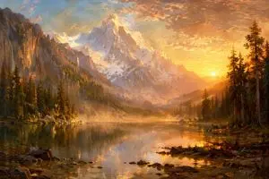 Sunset Alpine Lake Oil Painting