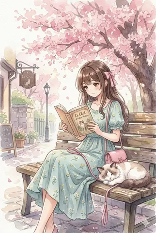 Watercolor Anime Girl Reading Under Cherry Blossoms