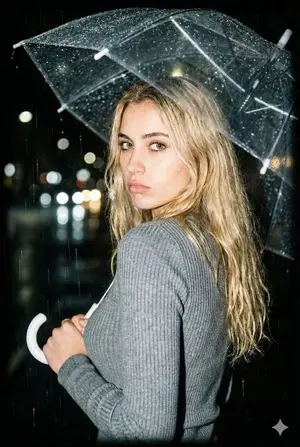 Nighttime Rainy Umbrella Portrait Prompt