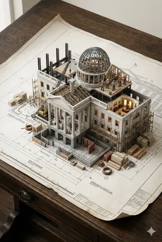 An architectural blueprint of [BUILDINGNAME] placed on a {SURFACE}