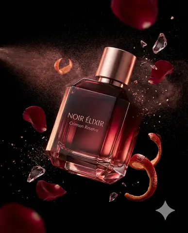 Noir Élixir Ultra Cinematic Luxury Fragrance Advertising Photography Atomized Perfume Mist Trails