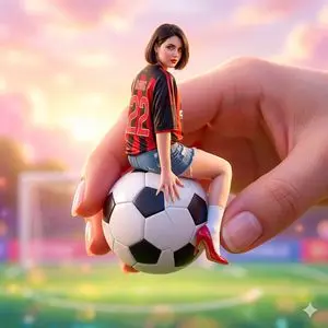 Miniature Fashionable Girl on Soccer Ball