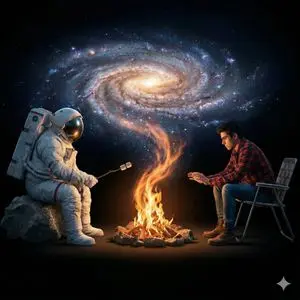 Surreal Cinematic Campfire in Cosmic Void